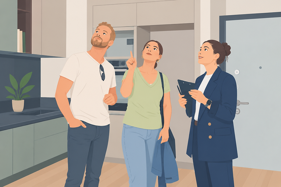 Trois personnes dans une cuisine moderne regardent vers le haut; une femme pointe du doigt, une autre tient un clipboard