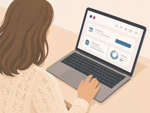 Fille devant son ordi ouvert sur la page de déclaration des impôts 