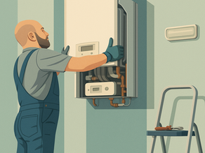 Un chauffagiste qui répare une chaudière