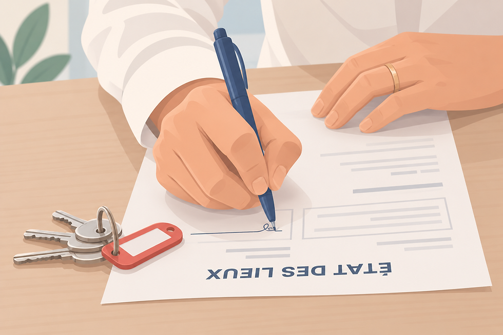 Mains signant un document ÉTAT DES LIEUX sur une table, avec des clés et une étiquette rouge; ambiance administrative.