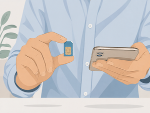 Personne en chemise bleue tenant une carte SIM et un smartphone, en gros plan.