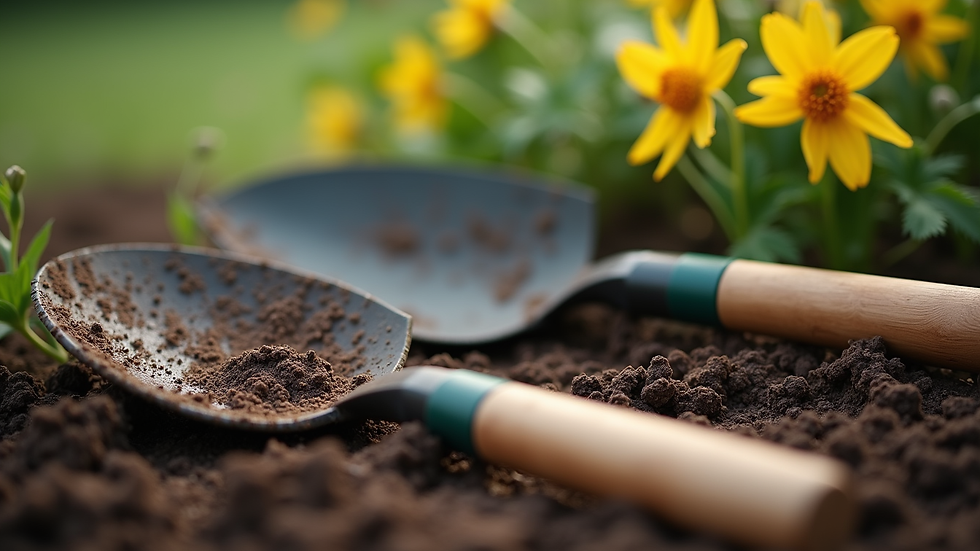 Close-up view of gardening tools laid out on soil ready for use