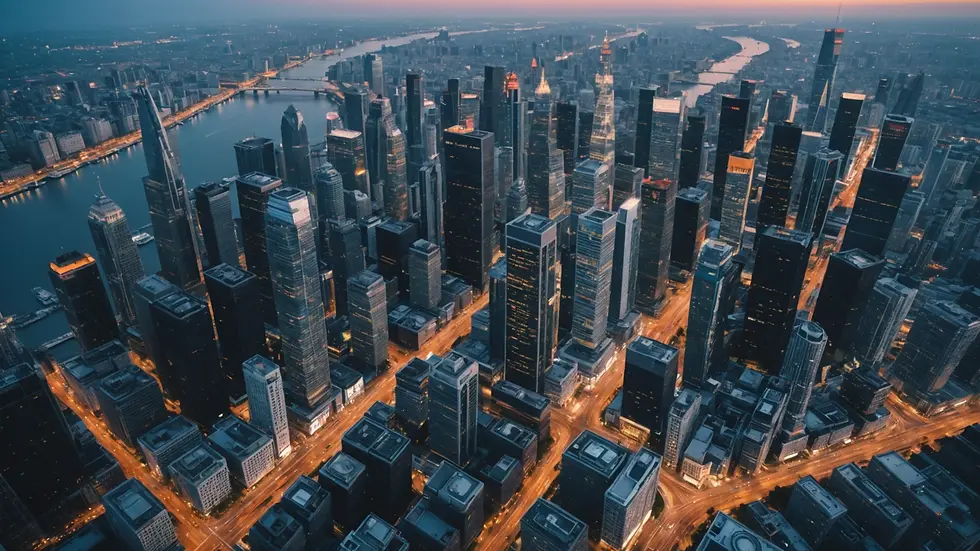 High angle view of a modern city skyline with advanced technology