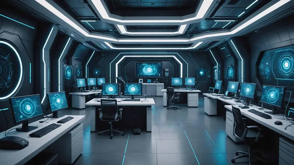 Eye-level view of a futuristic AI lab