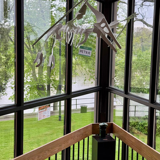 Crafted white Dinosaur skeleton hanging in stairwell against the full window backdrop