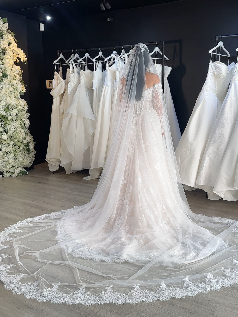 Delphine by Mavery Hugh wedding dress at Wedding Belles Love Staffordshire showcasing delicate Chantilly lace ballgown