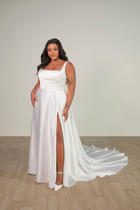 Stella York 8110 size 30 bridal gown at Wedding Belles Love, a satin A‑line dress with square neckline, ruched bodice, scoop back and optional thigh‑high slit