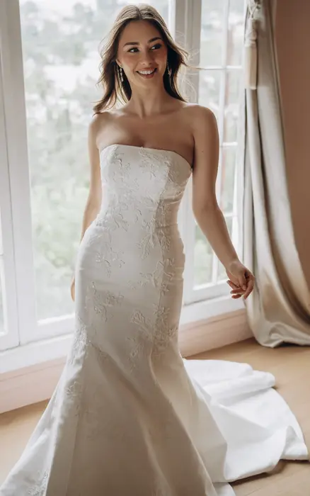 Stella York SY8251 mermaid wedding dress at Wedding Belles Love Staffordshire featuring a strapless Mikado bodice, fitted silhouette and sweeping train.