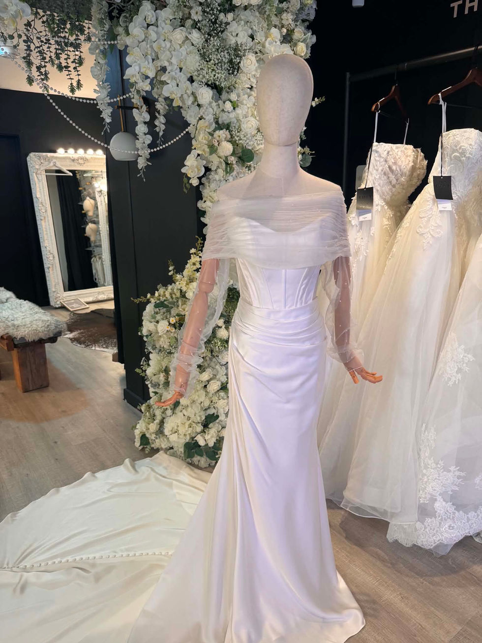 Richard Designs removable ivory sheer tulle bridal bolero with pearl embellishments, ruched off the shoulder detail and long