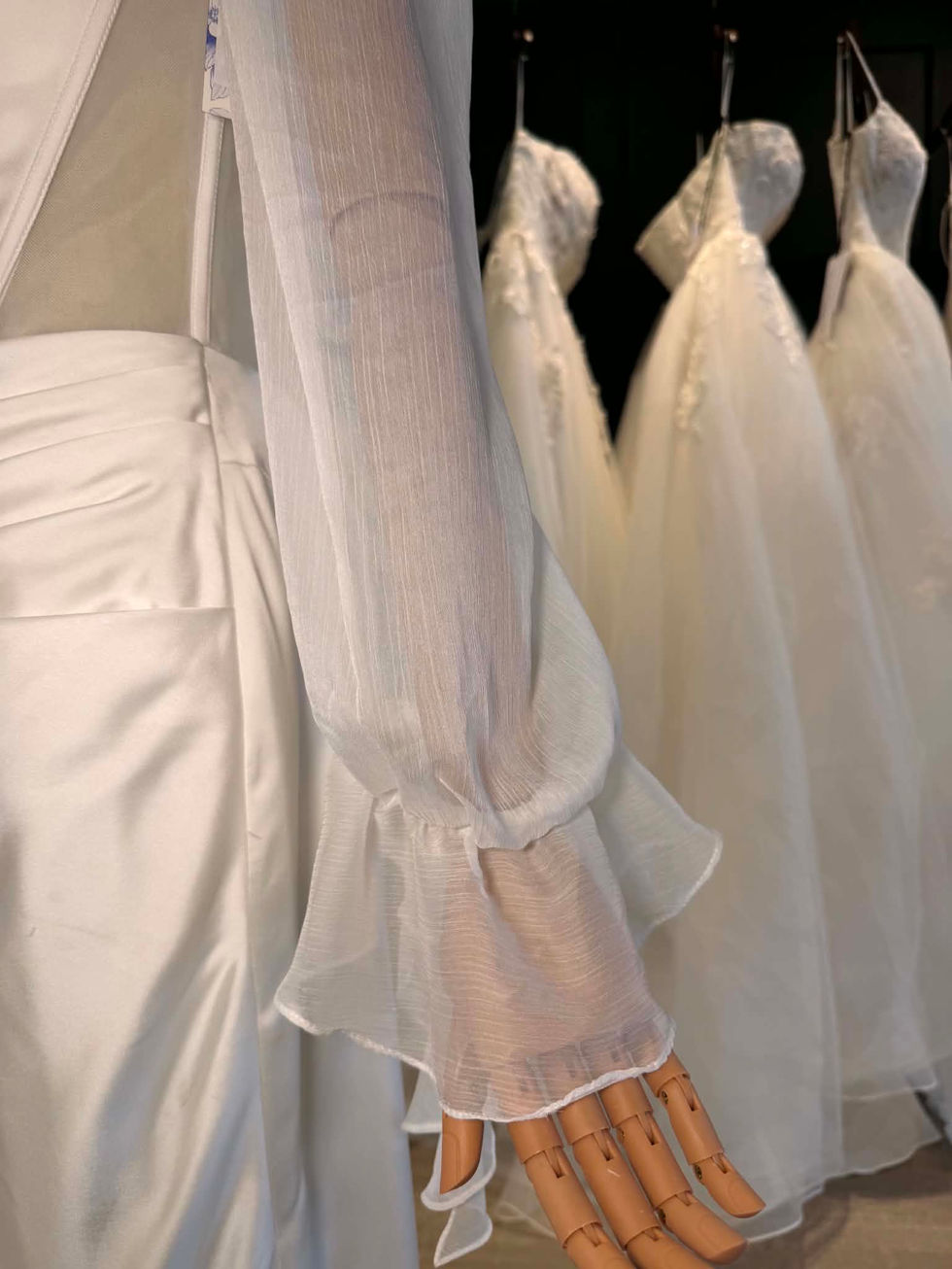 Richard Designs ivory chiffon balloon wedding dress sleeves with layered ruffle cuffs at Wedding Belles Love