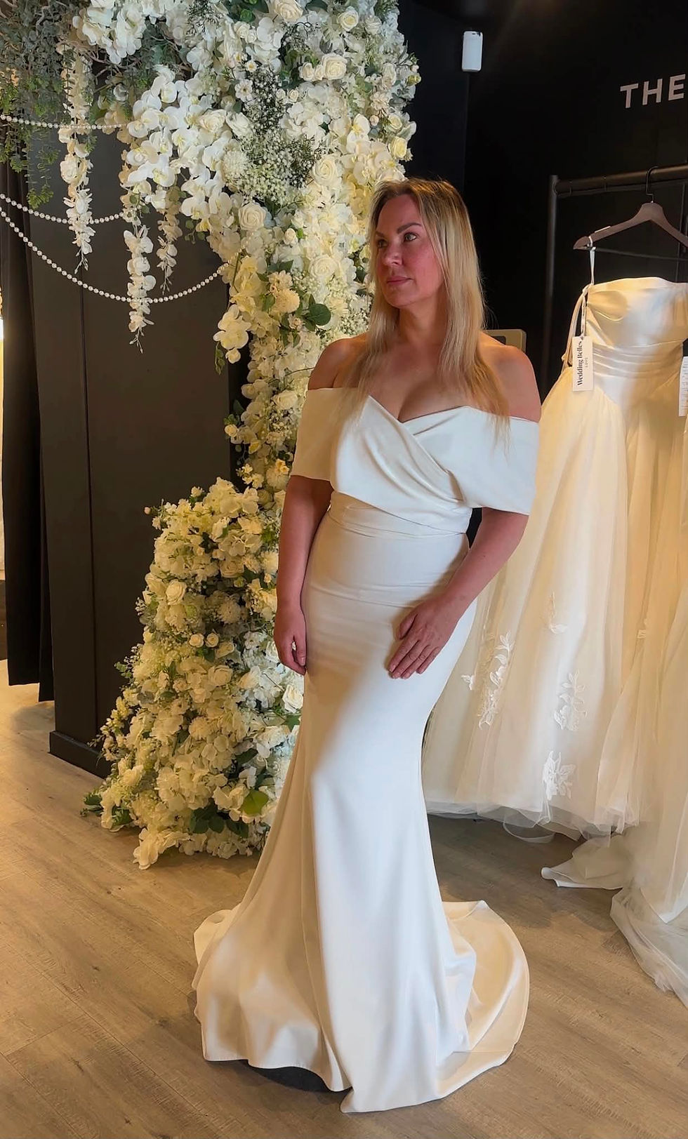 Audrey  wedding dress size 14 ivory at Wedding Belles Love Stone Staffordshire featuring an off the shoulder