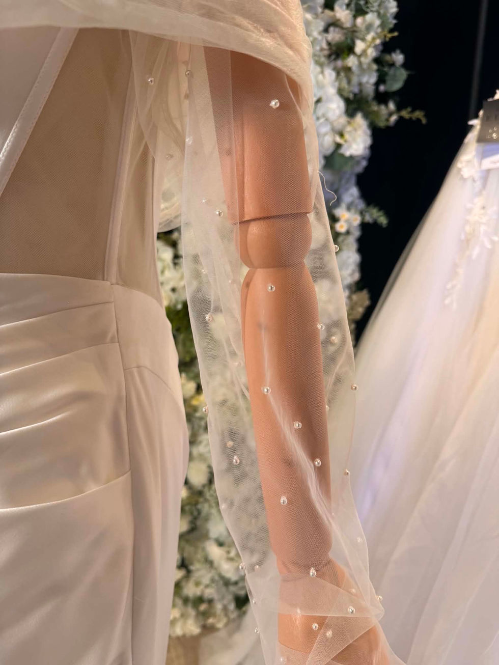 Richard Designs removable ivory sheer tulle bridal bolero with pearl embellishments, ruched off the shoulder detail and long