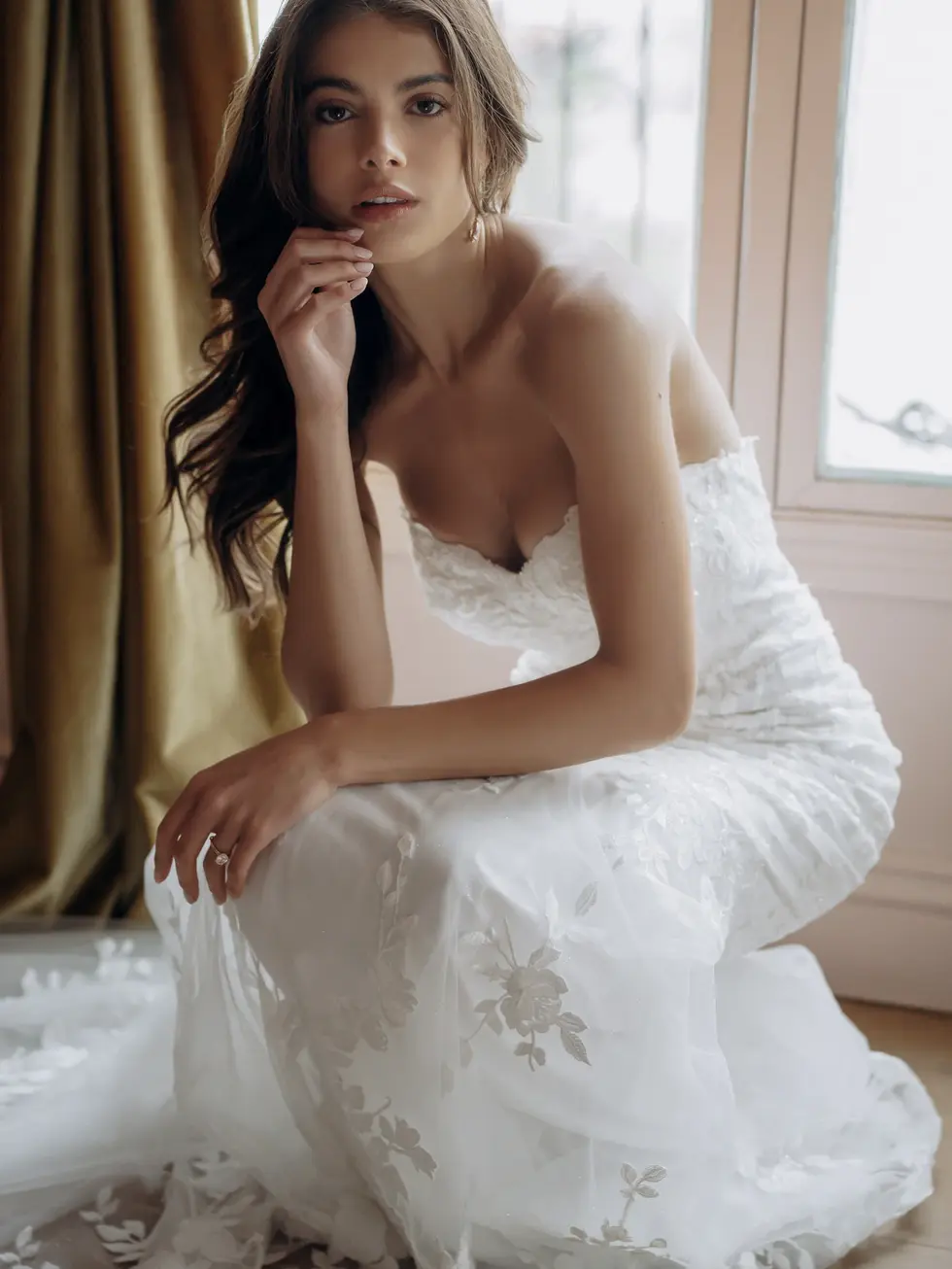 Stella York SY8332 trumpet wedding dress at Wedding Belles Love Staffordshire featuring romantic floral lace