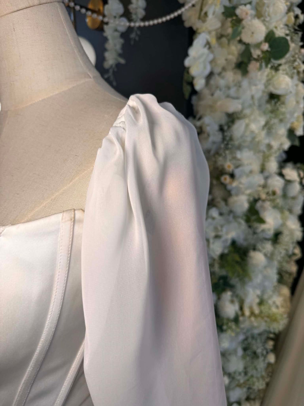 Richard Designs ivory chiffon long wedding dress sleeves with gathered wrists and structured cuffs at Wedding Belles Love