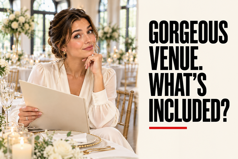 Woman reviewing a folder at a wedding reception table beside the headline “Gorgeous venue. What’s included?”
