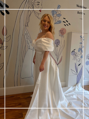 Wedding Belles Love Bridal Boutique Staffordshire, Glitter fitted Wedding Dress Off The Shoulder Detail, Wedding Dresses Near Me, Wedding Dresses Newcastle Under Lyme. Wedding Dresses Stoke On Trent