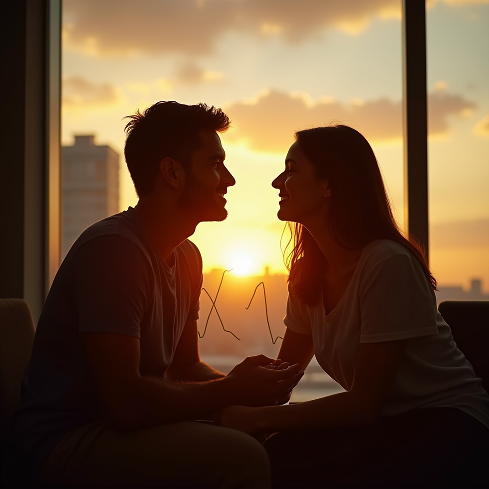 In the warm glow of a sunset, a couple shares a moment of connection and comfort, feeling safe and united in each other's presence.
