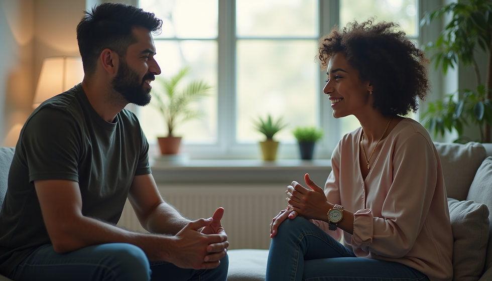 Couple engaging in a positive and open conversation during a relationship counseling session.