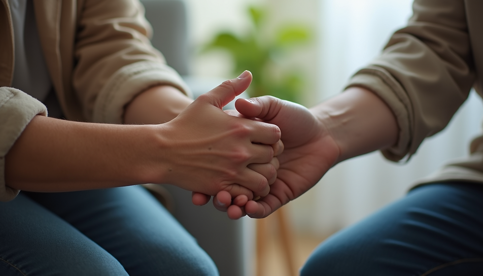 A couple holds hands in a supportive gesture during a relationship counselling session, symbolising unity and commitment to rebuilding their connection.
