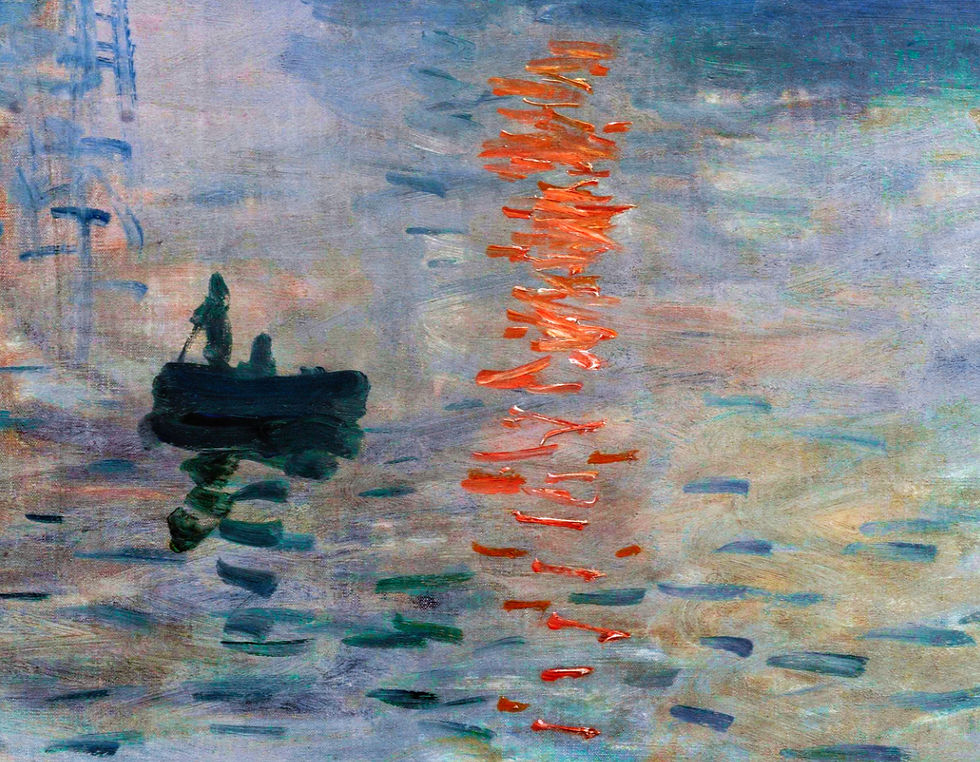 Close-up of brushstrokes in Monet Impression Sunrise highlighting broken color technique