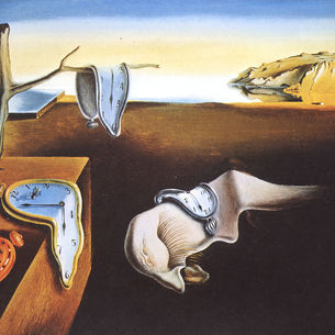 Salvador Dali The Persistence of Memory with melting clocks in a dreamlike landscape