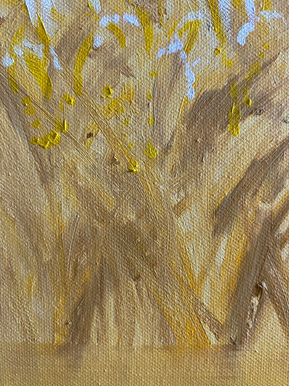 Thumbnail: Close-up of brushwork and texture of wheat field in Running the Fields With You, an original oil painting by Susan Santos.