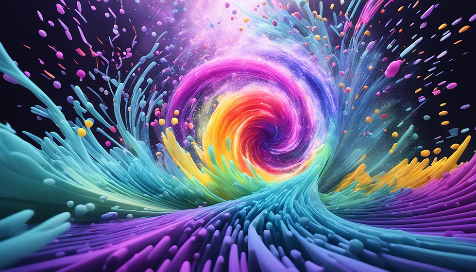 Visualize an organic scene with swirling particles of various shapes and sizes interacting in an immersive extended reality environment. Create an animation of these particles colliding and repelling each other.