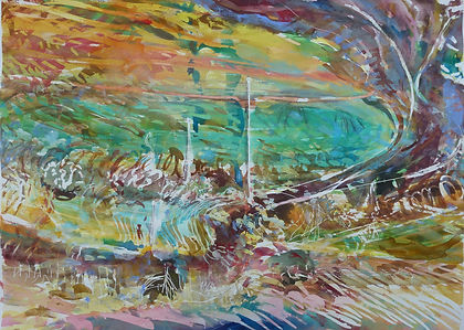 fine art for sale watercolour painting on a full size w/c sheet of expressive but serene field landscape with dominating tree on side by contemporary woman artist Margo Levittoux