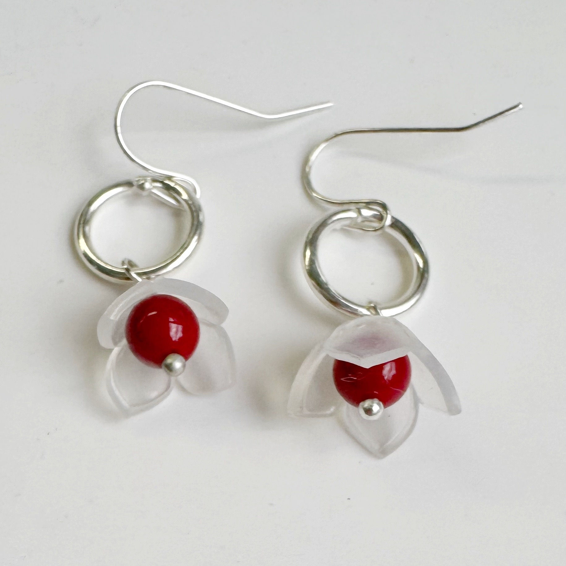 Ghost Flower Drop Earrings in Red and Silver
