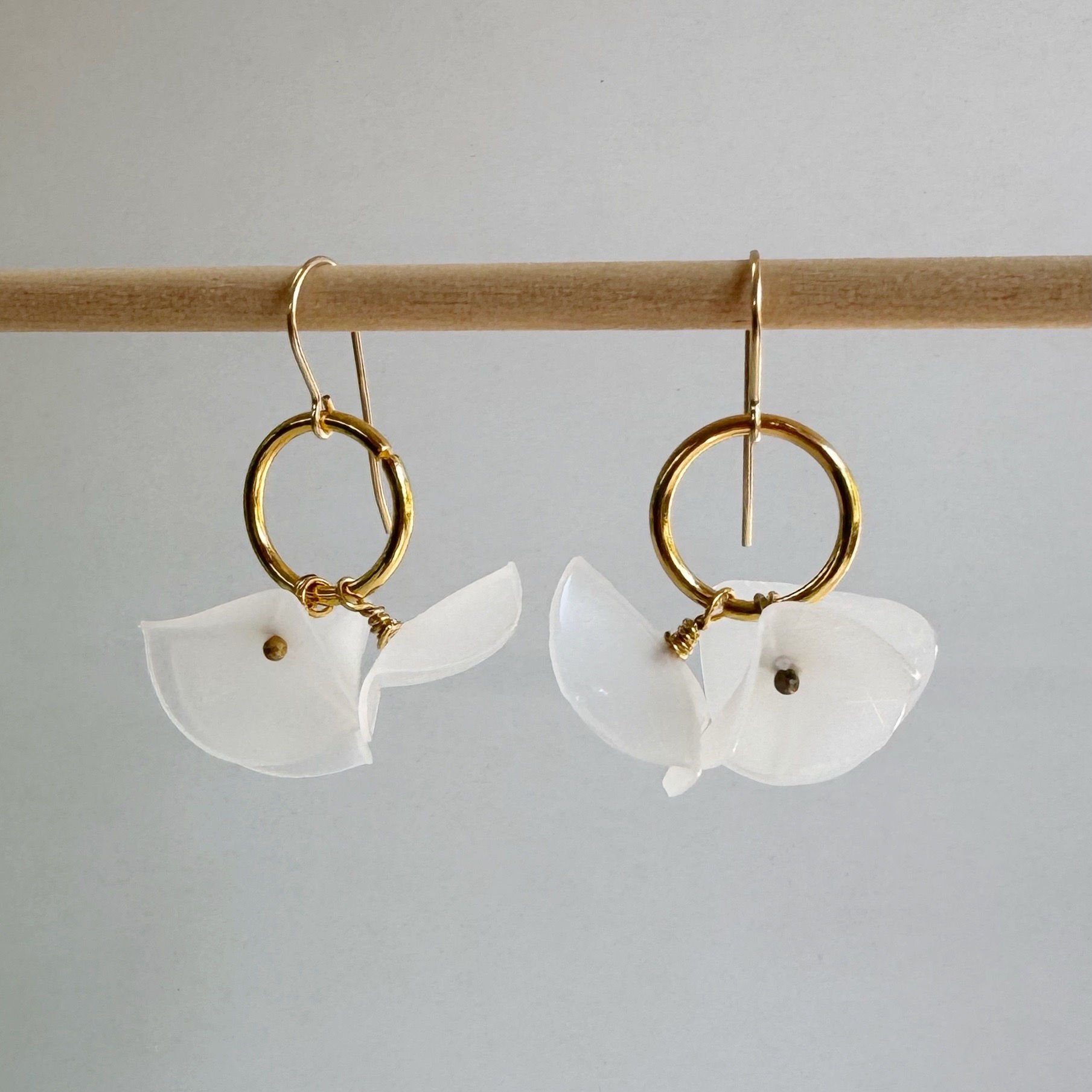 Recycled White and Gold Earrings - Mini Bottle Cap Flower Drops in Gold
