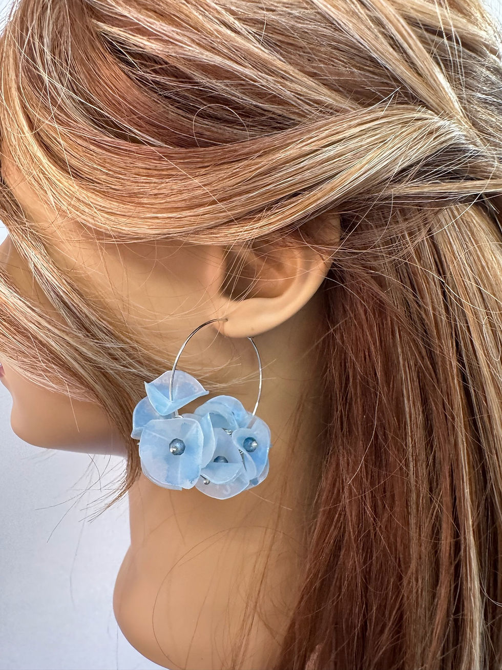 Thumbnail: 35mm Silver and Blue Recycled Flower Hoop Earrings (E299)