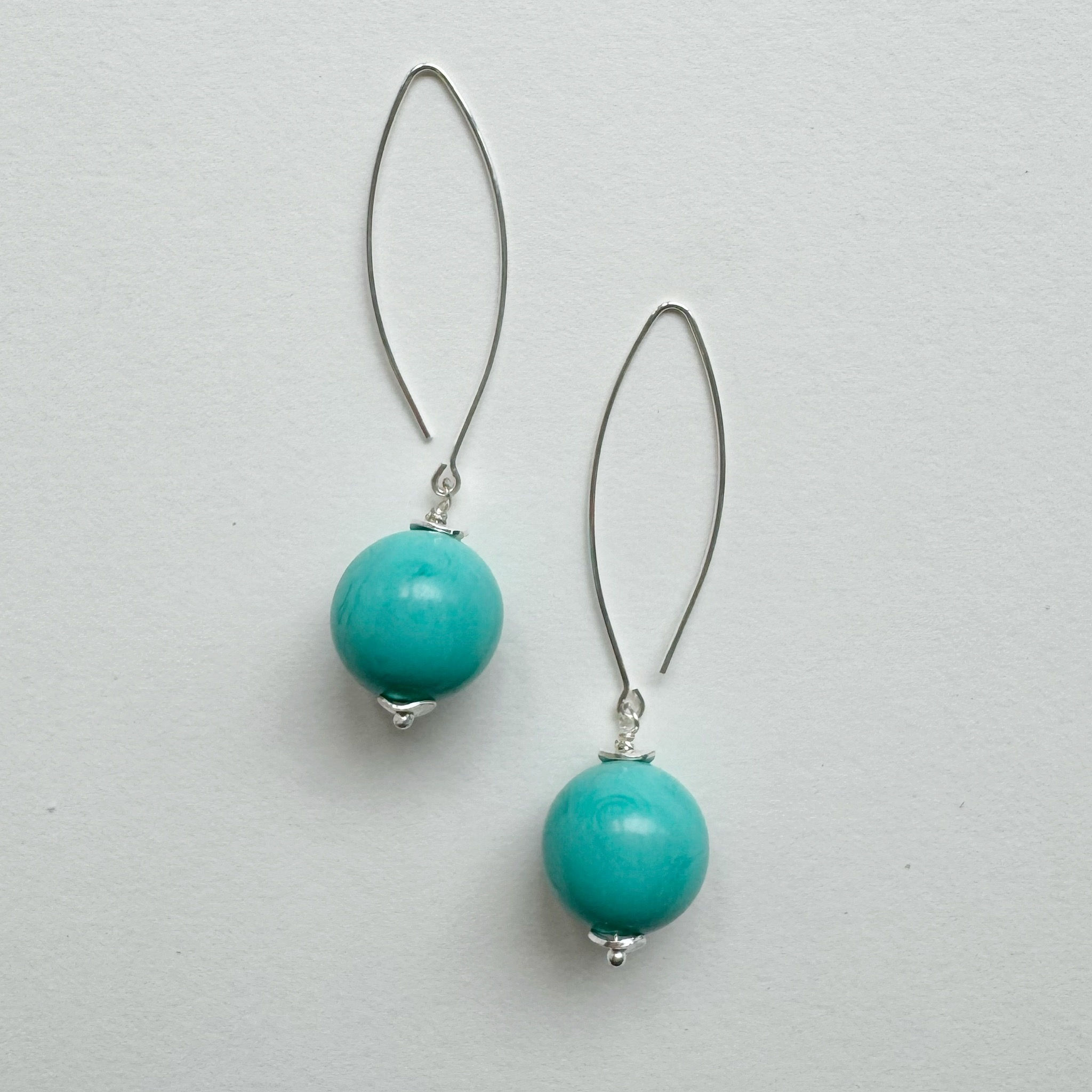 Silver and Teal Sphere Long Drop Earrings