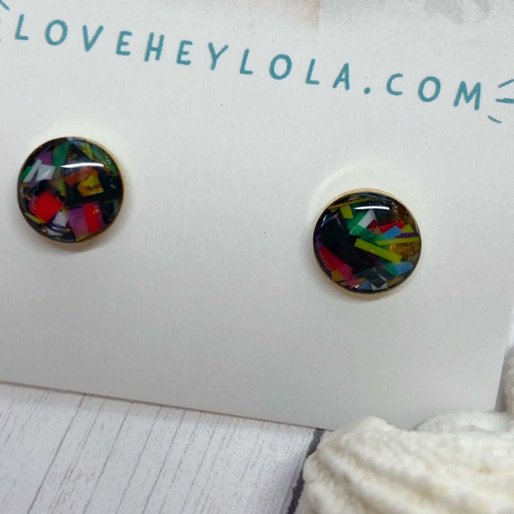 Moody Black and Multicolored 8mm Circle Post Trash Stud Earrings in Gold
