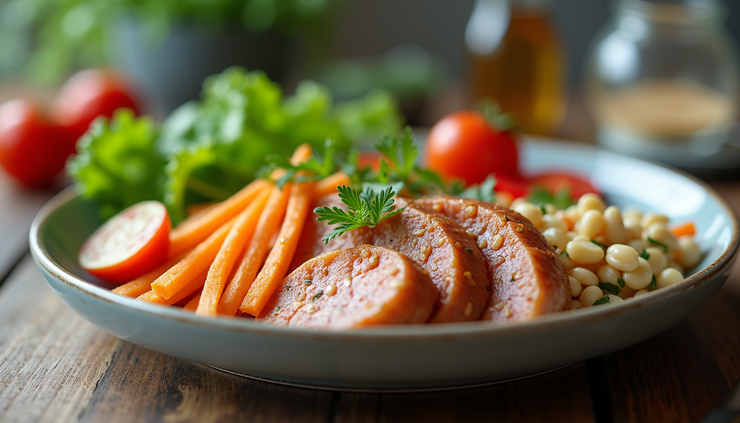 Eye-level view of a colorful plate with lean protein, vegetables, and whole grains