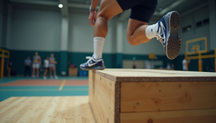 Close-up view of an athlete landing on a box jump platform with feet flat and knees bent