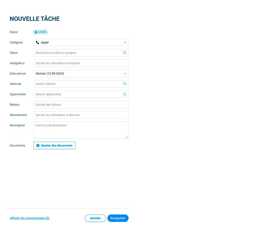 Interface de création de tâche : un client est sélectionné et ses tâches existantes s'affichent à droite