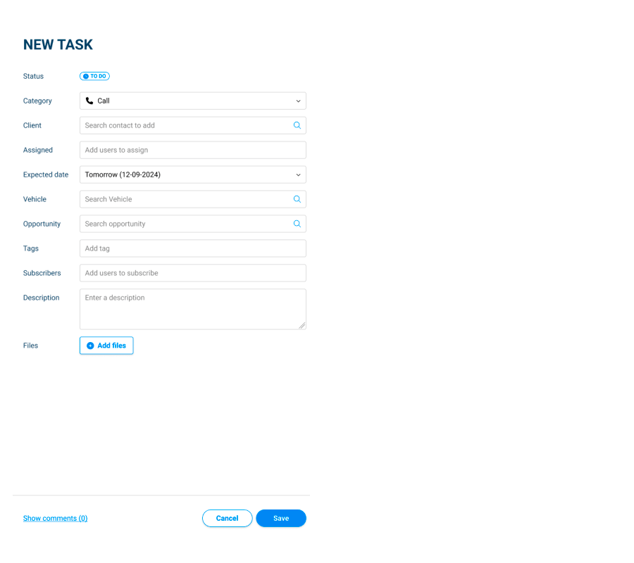 Task creation interface: a client is selected and their existing tasks are displayed on the right