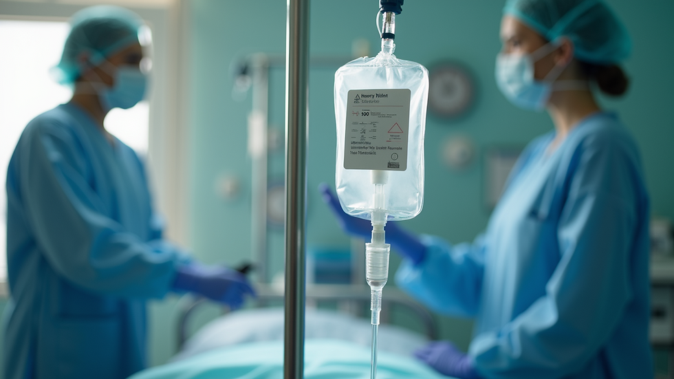 Eye-level view of a medical professional preparing an IV drip