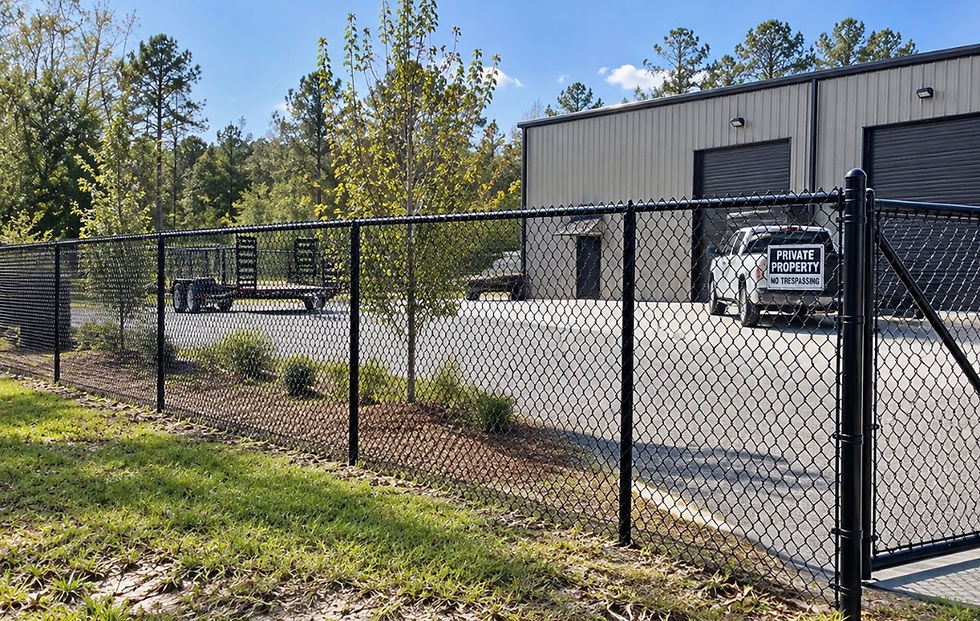 Black chain link security fence and gate around a commercial property