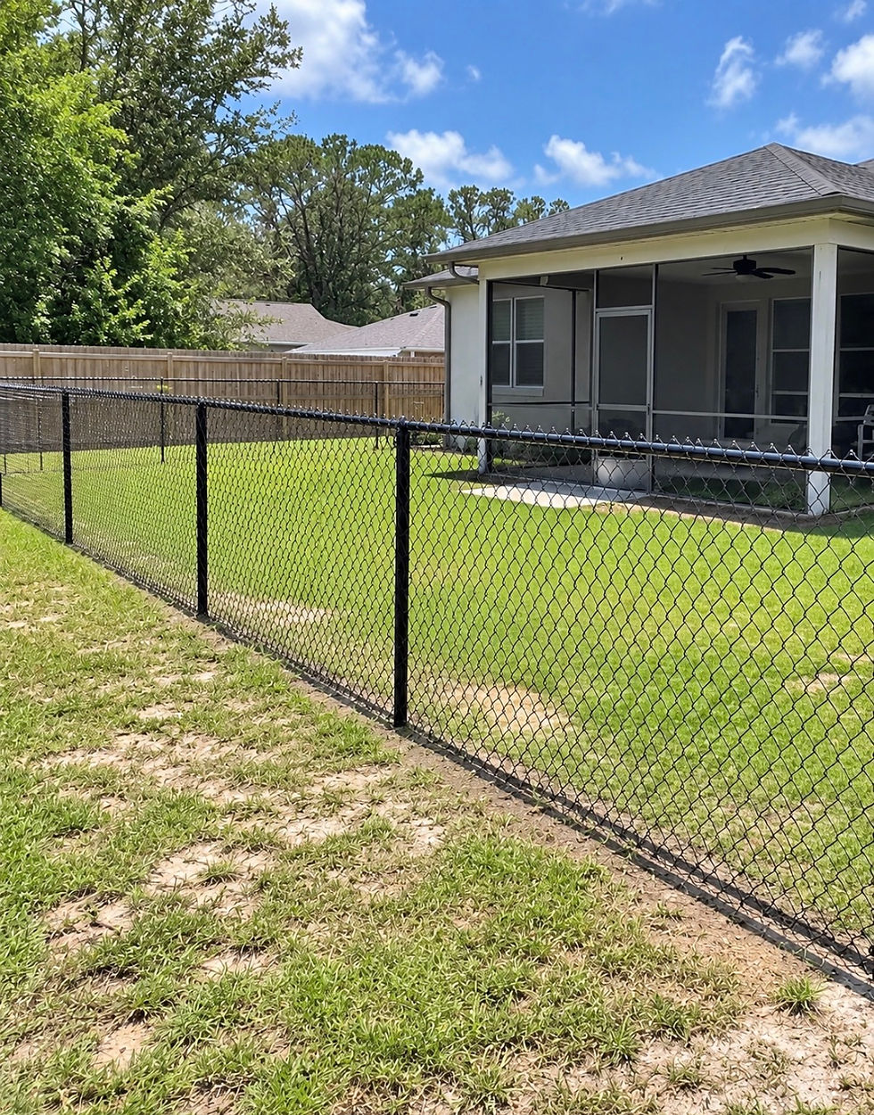 Black chain link fence installed around a residential backyard