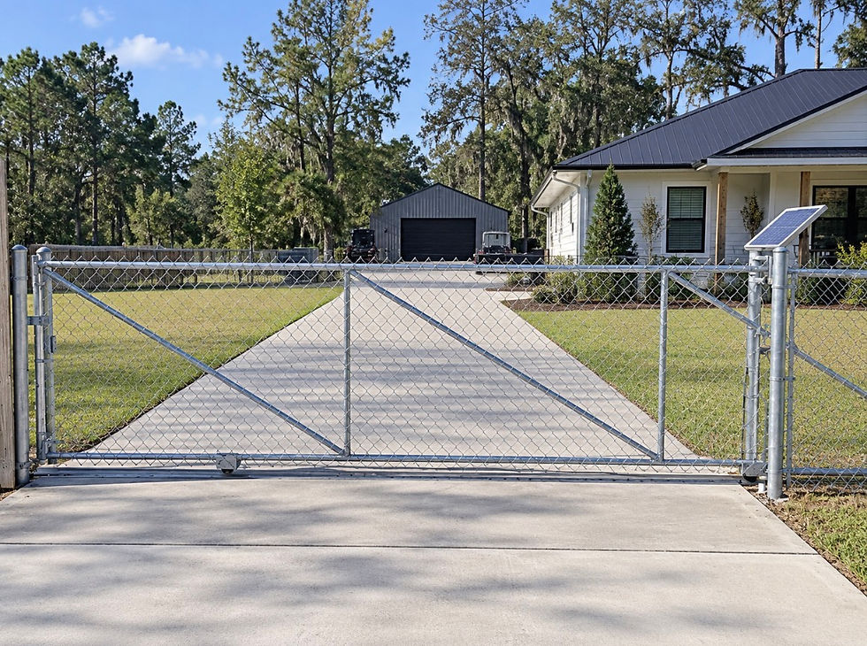 galvanized chain link driveway gate at a residential property.