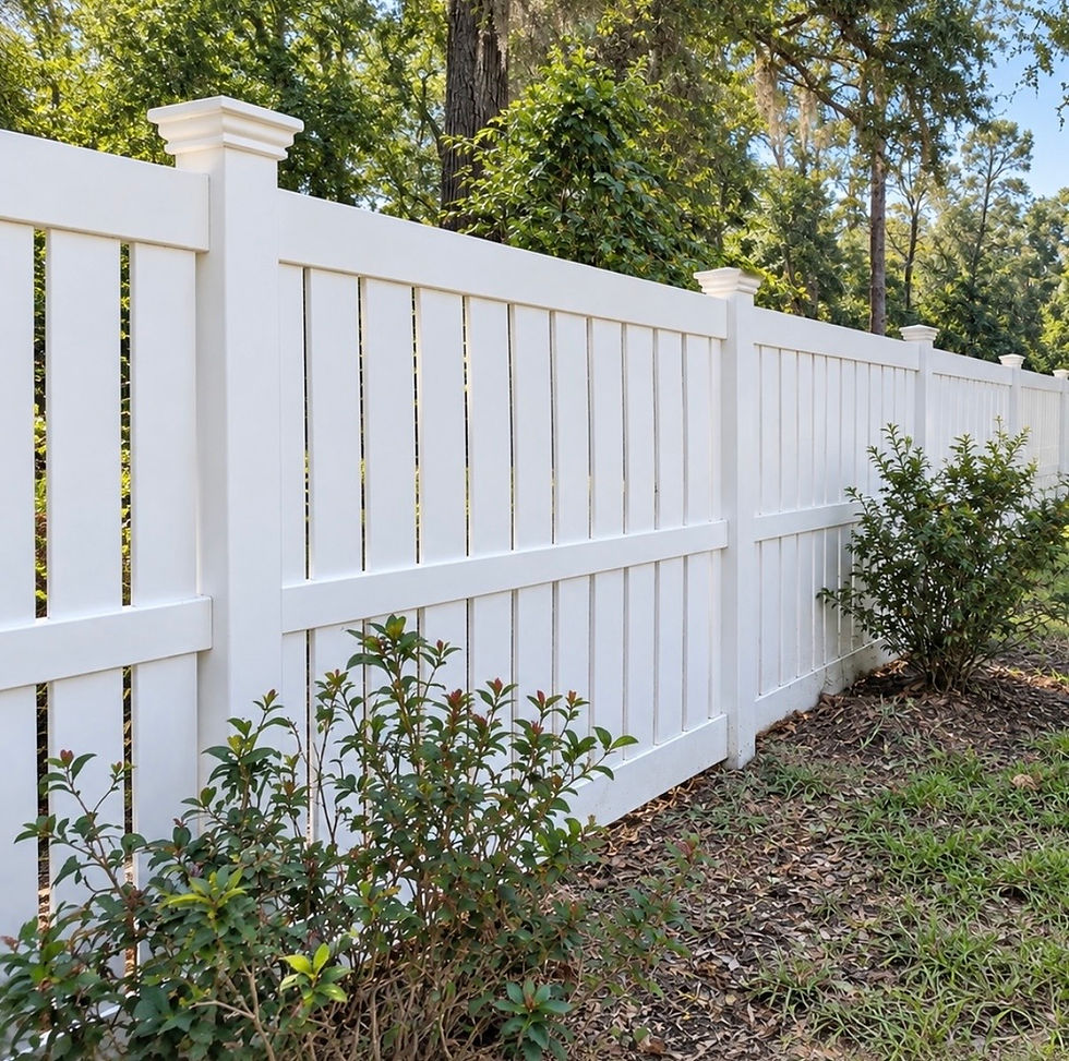white vinyls semi-privacy fence on residential property.