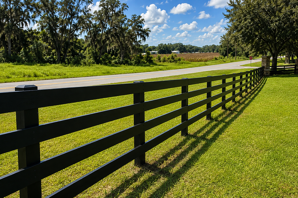 Black four-rail farm fence along a rural property
