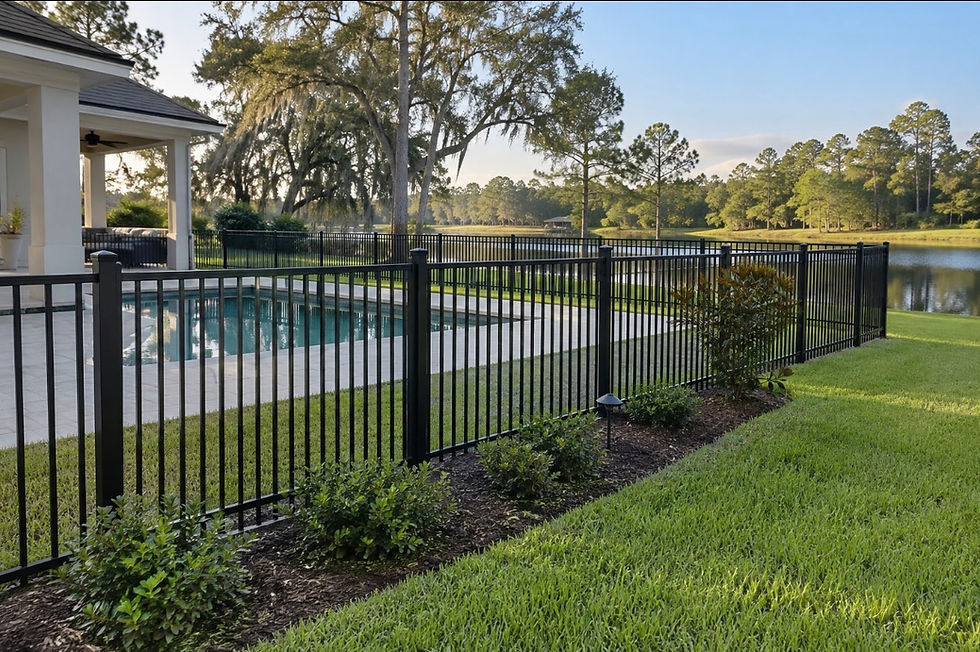 Black aluminum fence enclosing a residential pool and backyard.