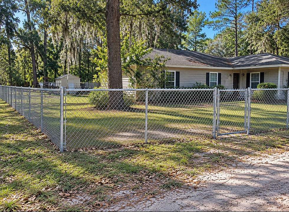 galvanized chain link fence and gate around residential yard.