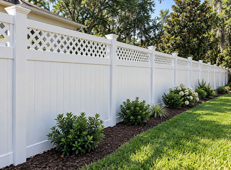 White vinyl fence with lattice installation straight fence lines.