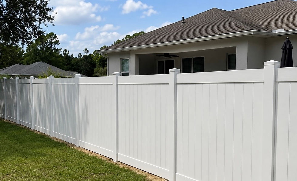White vinyl fencing installed along residential property line.