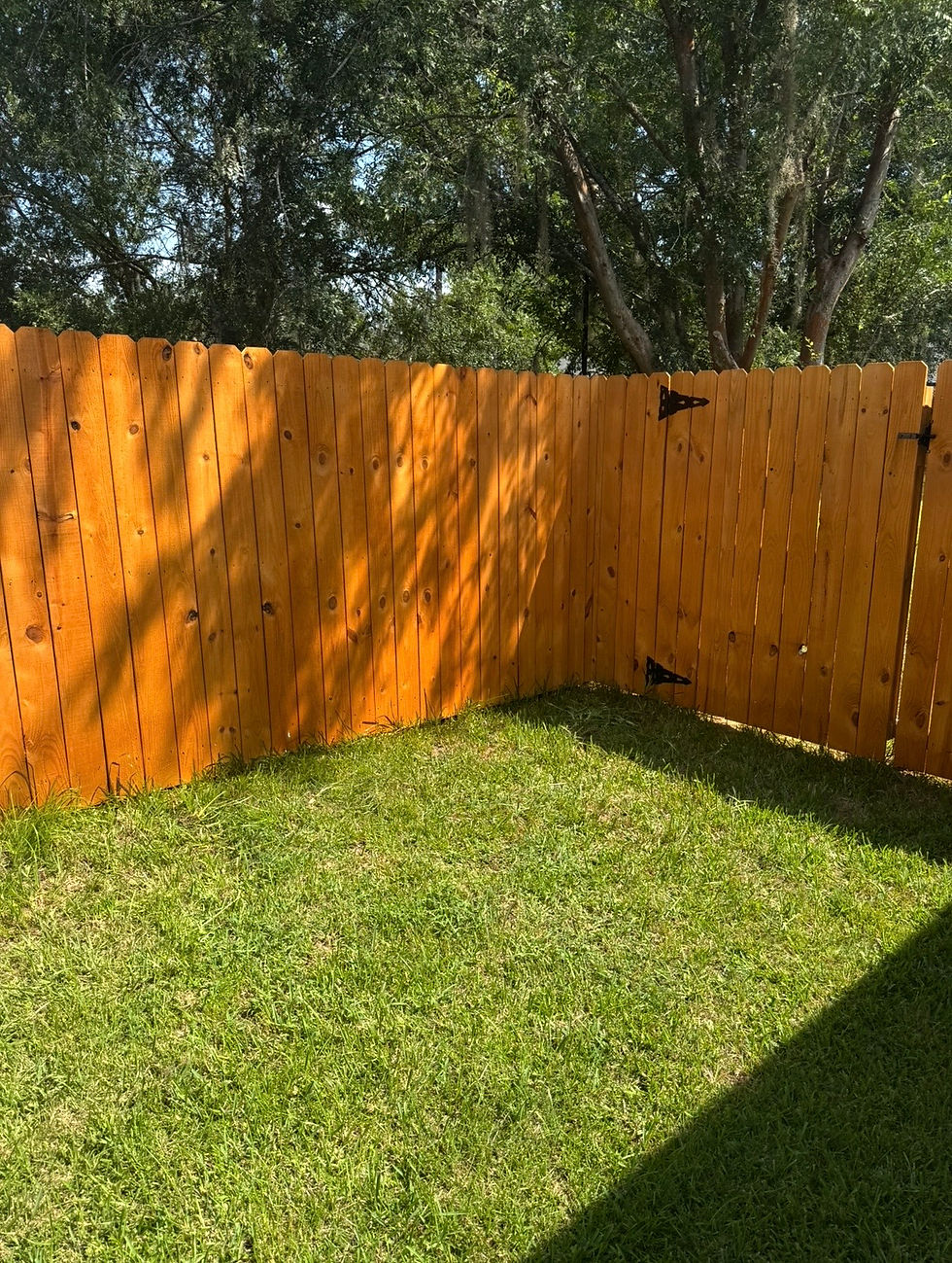 Wood privacy fence enclosing a residential backyard.