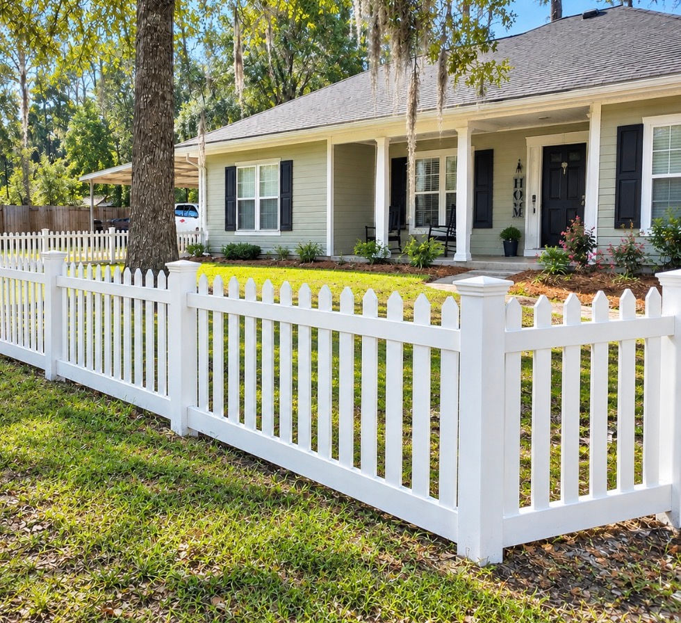 white vinyl picket fence along a residential
property line