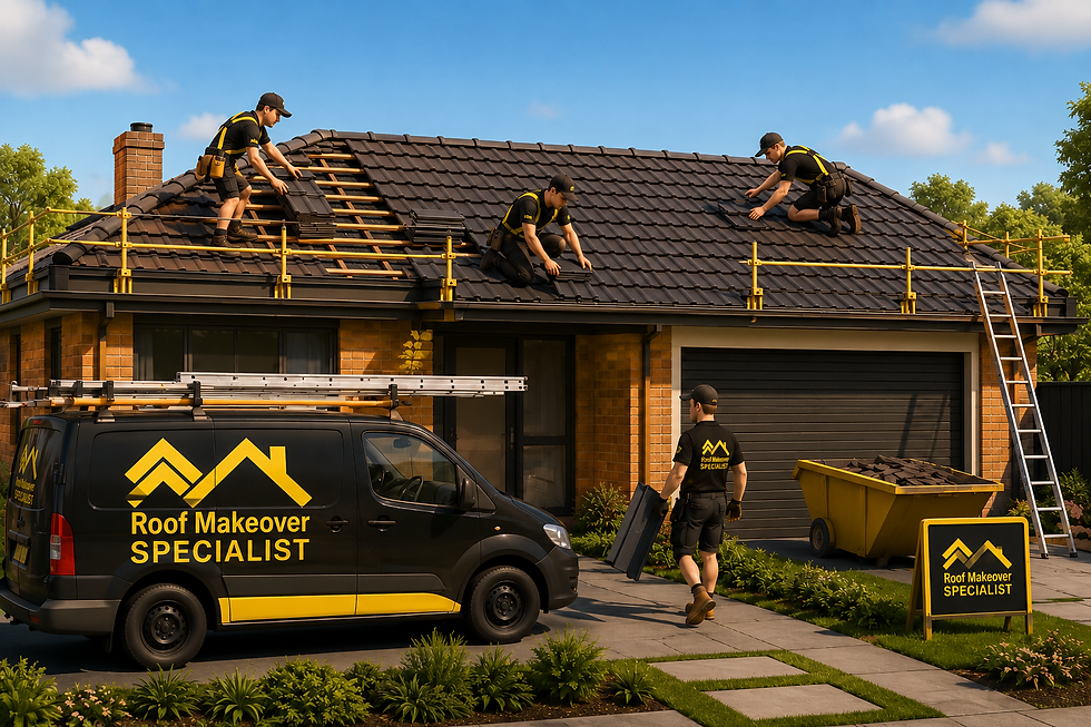 Roof Makeover Specialist team replacing an existing Melbourne home roof with brand new roof tiles, safety rails and branded roofing van on site.